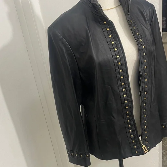 Black ST JOHN SPORT Leather Jacket with Gold Accents - Picture 3 of 9